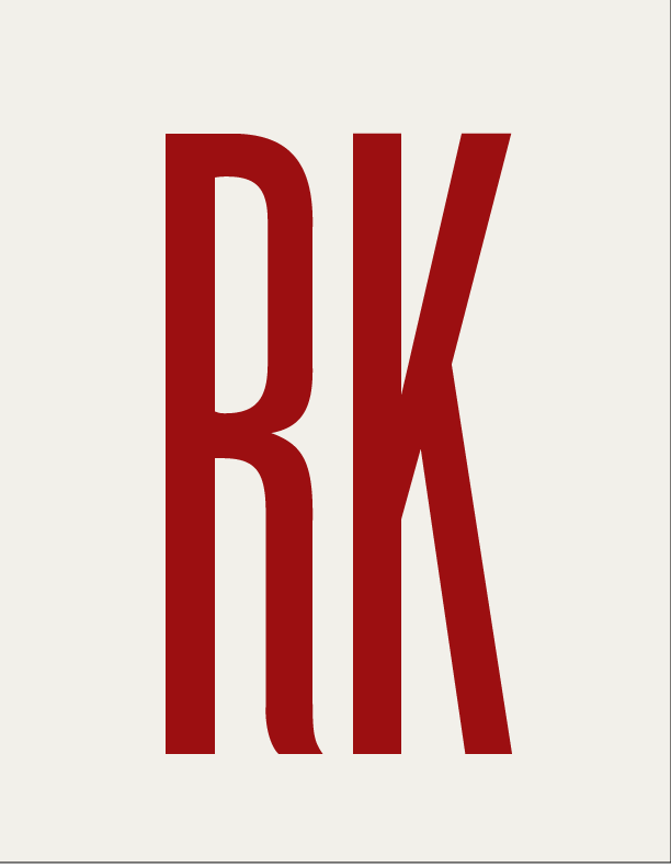 A red and white logo of the letter r k.